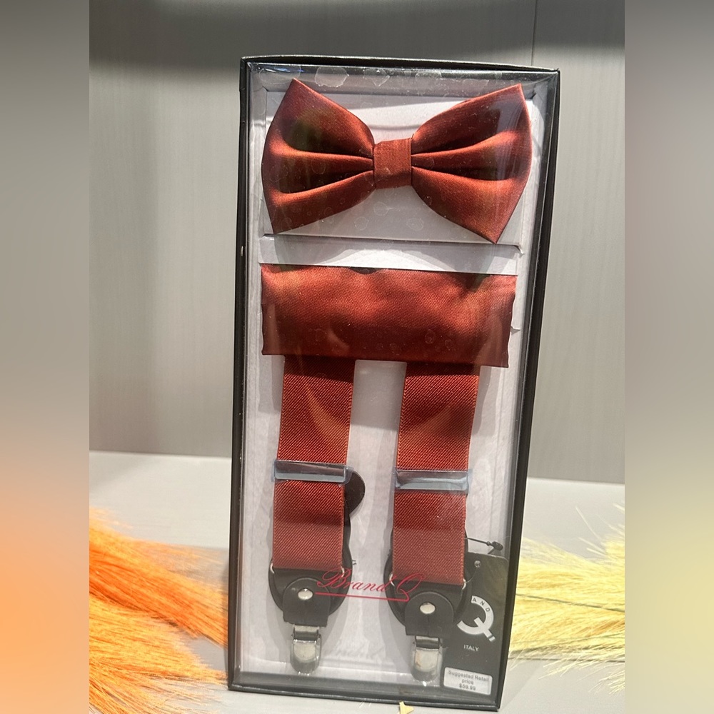 NEW Brand Q Men’s Hunter Burgundy Bow Tie, Pocket Square and Suspender Set